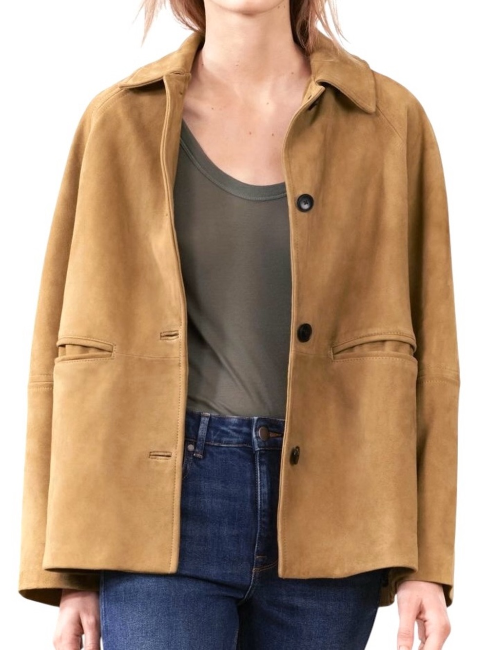Zara ZW Collection Camel Suede Button-Front Jacket Barn Coat Oversized XS